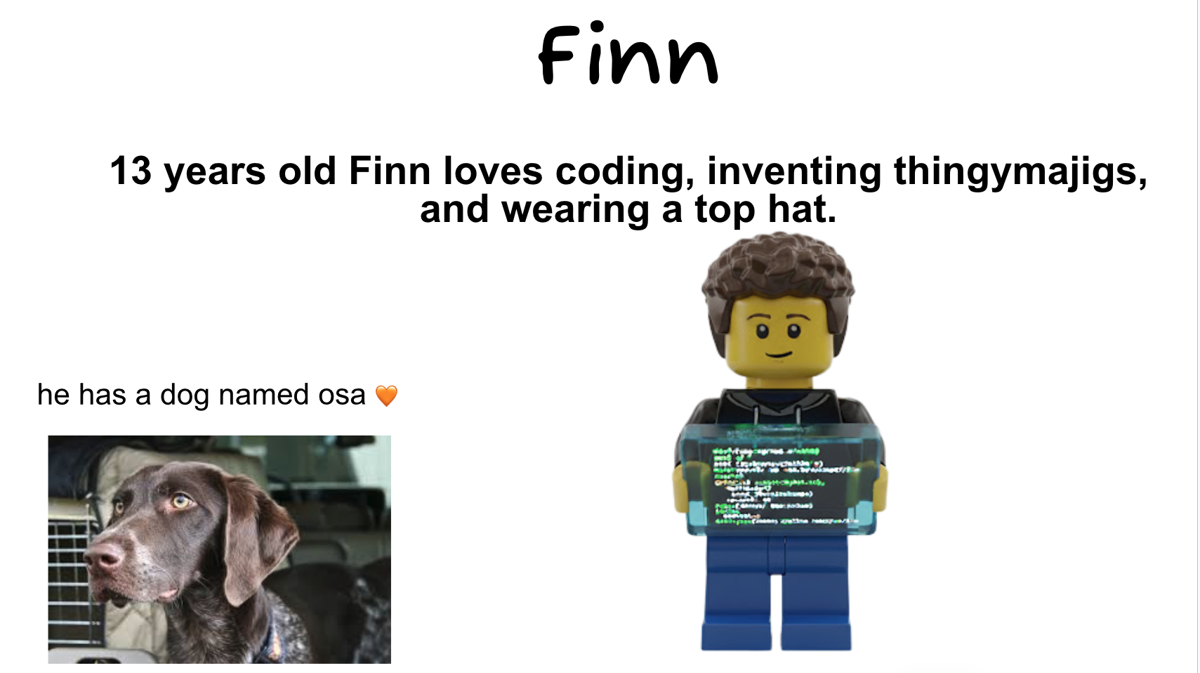 Finn loves coding, inventing, and has a dog named Osa